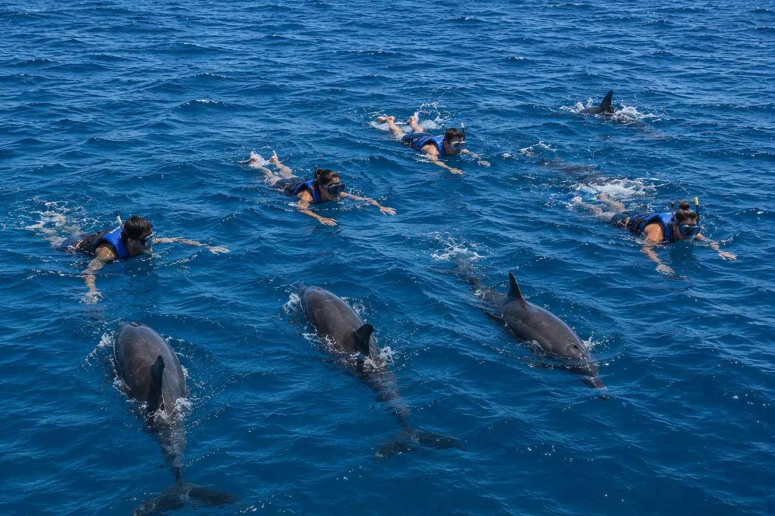 游客在海豚湾浮潜观赏野生海豚