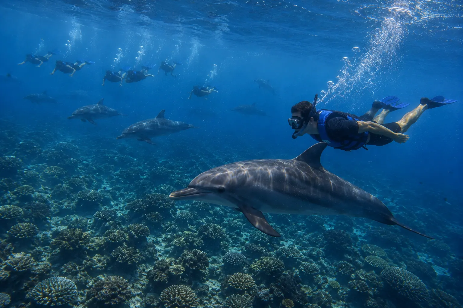 红海海豚湾的野生飞旋海豚群