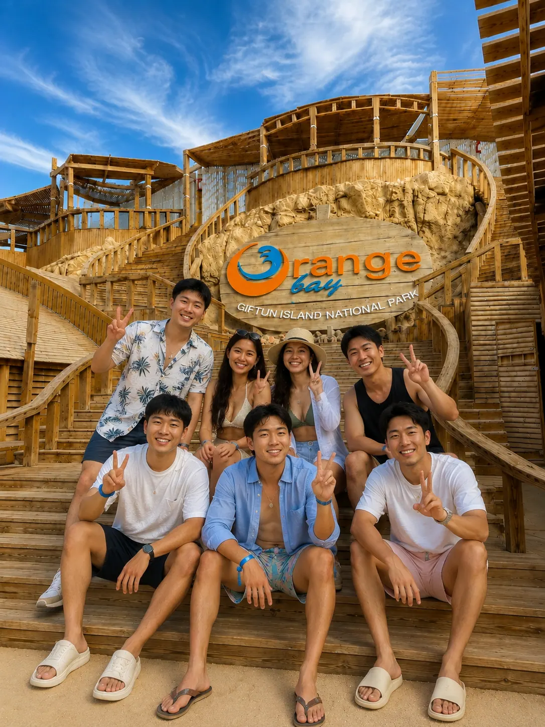 游客在橙色海湾游船日光甲板上休息放松
