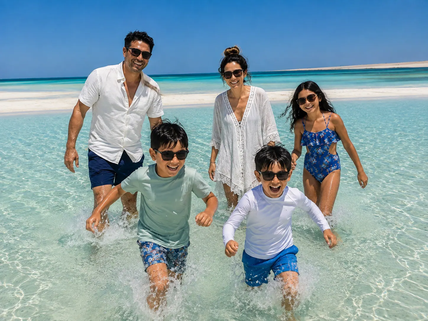 家庭在私人快艇之旅的清澈浅滩戏水