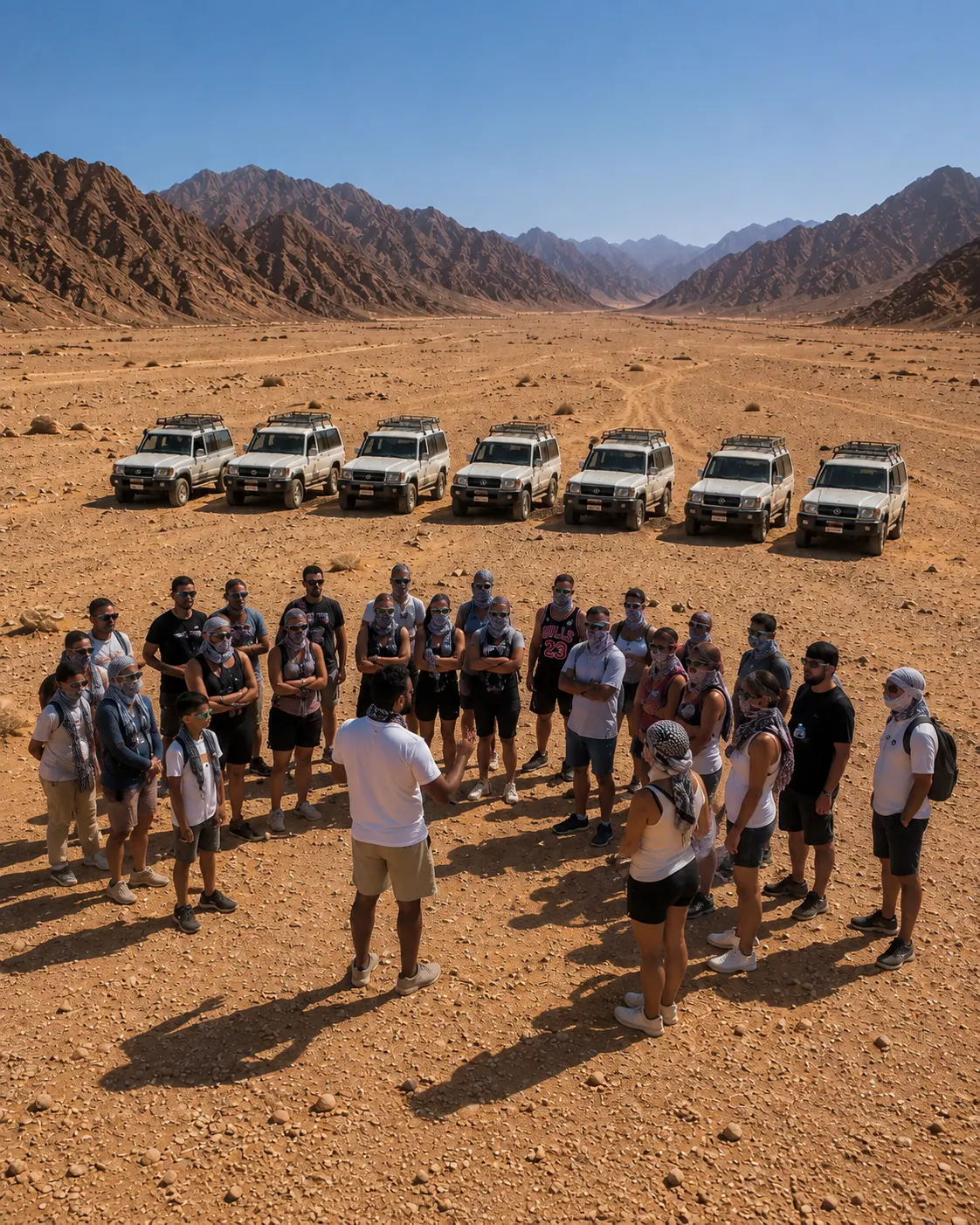 沙漠萨法里车队与出发前集合的旅客